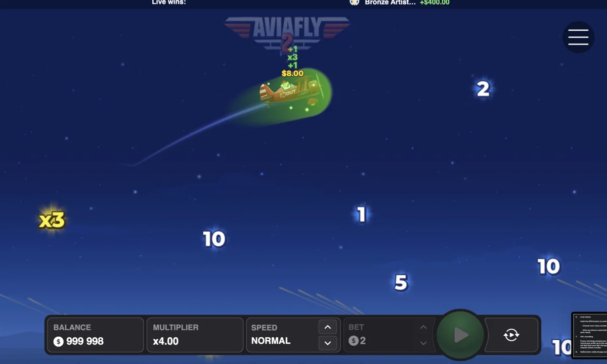 Aviafly 2 gameplay showing plane flying with multipliers x4 and x5 visible