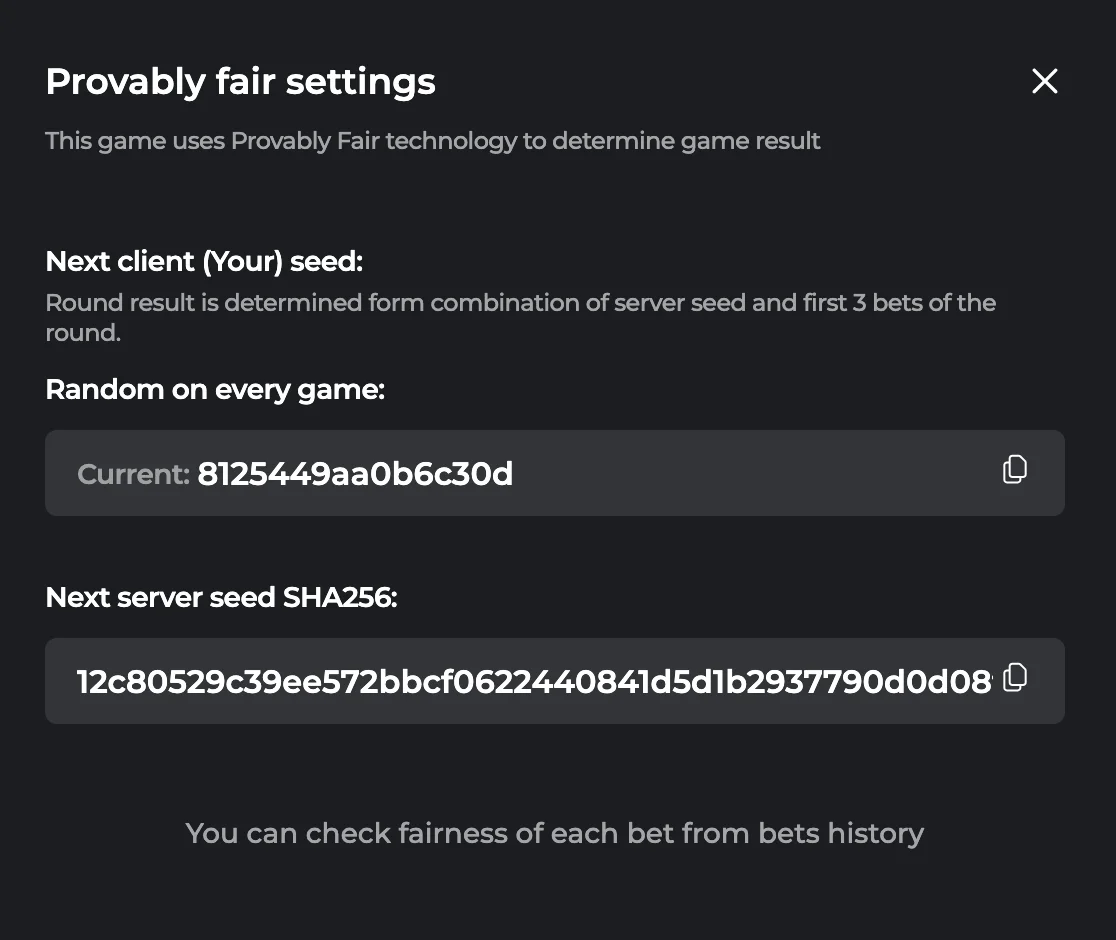 Aviafly 2 provably fair settings screen